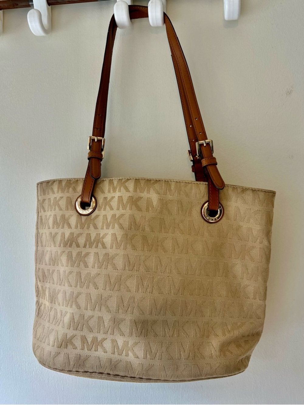 Michael Kors Jacquard MK Logo Tote with Brown Leather Straps & dust cover